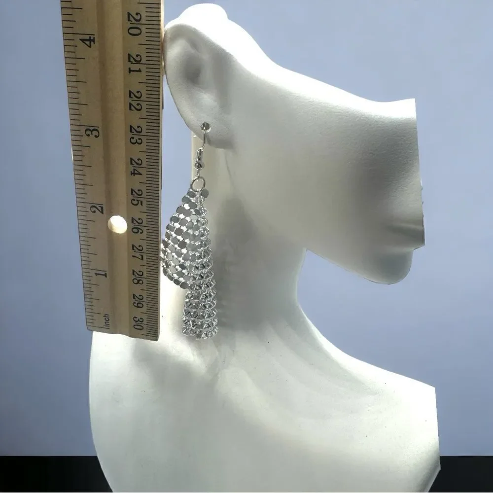 Silver Mesh Earrings l 3” l Hook l New